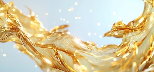 Golden liquid splash;  background blur; advertising