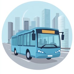 Simplistic 2D blue city bus driving in a city, cartoon, clip art 