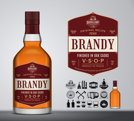 Vector brandy label template. Brandy glass bottle mockup. Distilling industry branding and identity design elements