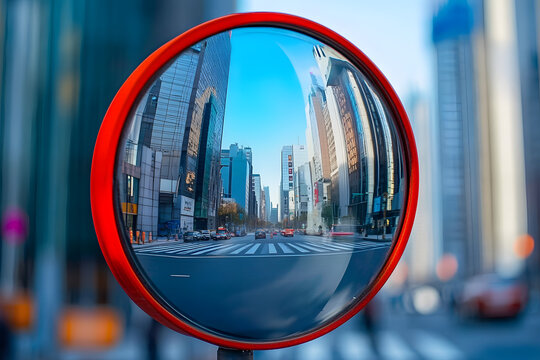 Urban landscape reflected in convex traffic mirror