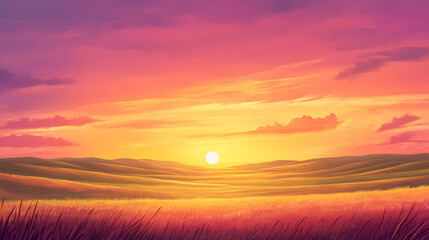 Expansive prairie with rolling hills and a vibrant sunset, showcasing wide-open spaces. Wild Prairie. Illustration