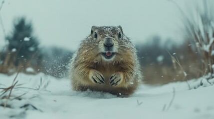 Fototapeta premium A groundhog peeking out of its burrow on Groundhog Day, gazing at the sky, creating an atmosphere of winter celebration and folk tradition