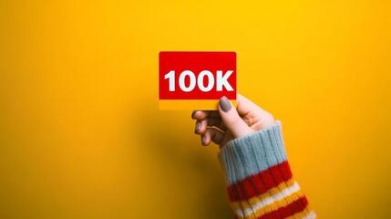 Female Hand Holding A Red Card With The Number 100,000 On A Vibrant Yellow Background.