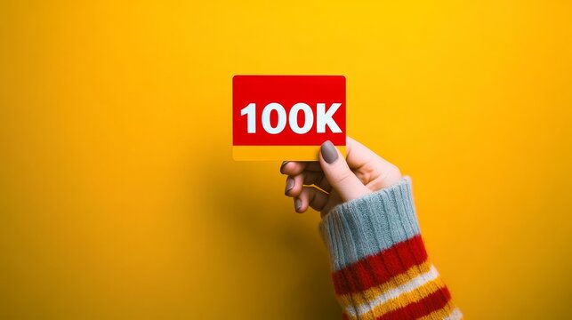 Female Hand Holding A Red Card With The Number 100,000 On A Vibrant Yellow Background.