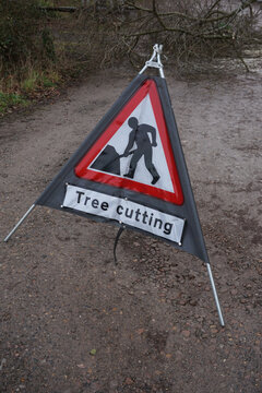 Tree cutting sign at site of tree surgeon carrying out work. Tree care and safety 