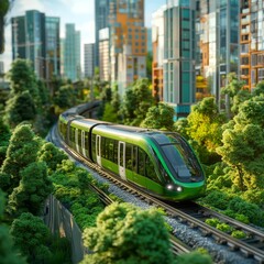 Obraz premium green city 3d realistic view with the express train 
