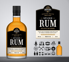 Vector spiced rum label template. Rum glass bottle mockup. Distilling industry branding and identity design elements