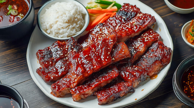 A beautifully arranged plate of Chinese char siu (barbecue pork), featuring glistening slices of tender, caramelized meat with a deep red hue from the marinade.