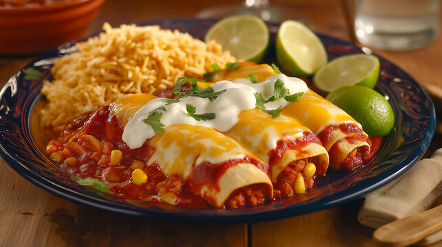 A colorful plate of Mexican enchiladas, featuring soft corn tortillas filled with tender shredded chicken, smothered in a rich red chili sauce, and topped with melted cheese, sour cream.