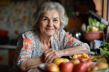 Portrait, fruit salad and apple with a senior woman in the kitchen of her home for health, diet or nutrition