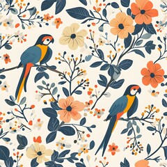Fototapeta premium Brightly colored parrots surrounded by vibrant floral patterns in a natural setting