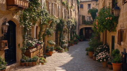 Fototapeta premium Charming european village alley with flowering facades and cobblestone pathway
