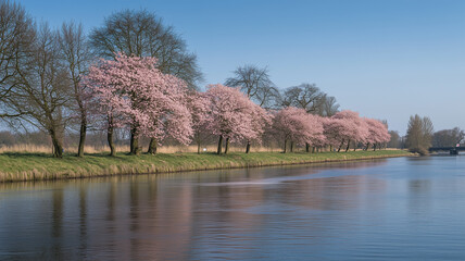 対岸から望む川沿いに咲き乱れる桜並木