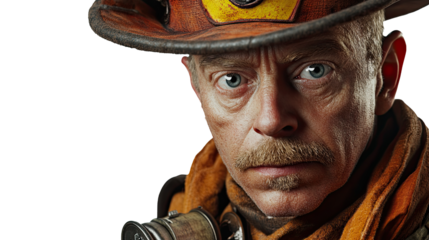 Portrait, American man as a firefighter, with helmet and safety uniform, isolated in transparent background.