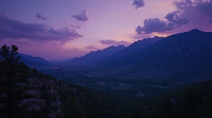 Fototapeta premium Purple Mountain Sunset Valley Landscape, Dusk