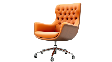 Office chair, brown leather upholstery, contemporary retro style, isolated on transparent background.
