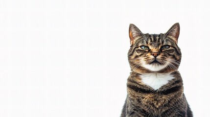 Large Brown and Black Tabby Cat Sitting on White Background