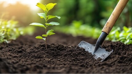 Young plant with shovel in rich soil under bright sunlight in garden