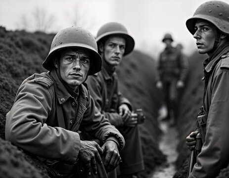 WWI soldiers endure harsh trench life. Soldiers sit in trench. Show determination, camaraderie in tough times. Historic black, white photo. WWI military conflict. Soldiers wear military helmets,