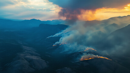 Fototapeta premium 深い谷を越え山々をつなぐ煙が映す山火事の拡大