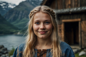 Fototapeta premium Viking woman on the background of Norwegian fjords.