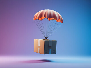 3d Cardboard box with flying parachute icon. Minimal Parcel box or shipment package with hot air balloon. Cargo delivery service, Online Shopping concept on isolated blue purple background. 3d render
