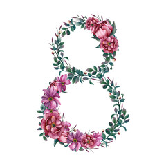 Floral number 8 frame with watercolor pink peonies and anemones. Hand drawn illustration isolated from the background for greeting card for March 8, Happy women day or Children Birthday. Pink flowers