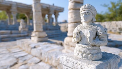 Fototapeta premium Ancient stone statue, temple ruins background, sunny day, historical site, travel
