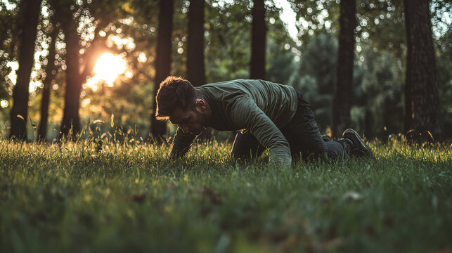 A man crawling on all fours in a grassy forest clearing at sunset with warm sunlight filtering through the trees
