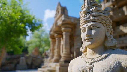 Fototapeta premium Stone statue, temple ruins, sunny day, India, history