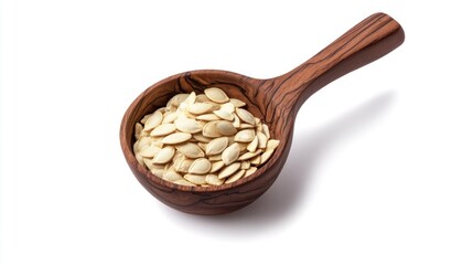 Wooden spoon of pumpkin seeds on white