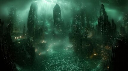 Mysterious, fog-shrouded city at night, seen from above, showing tall buildings and a waterway.