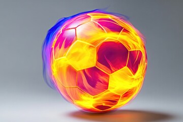 Naklejka premium A bright light shines from a soccer ball on a gray background