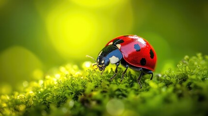 Fototapeta premium Close-up of ladybug on green moss in sunlight