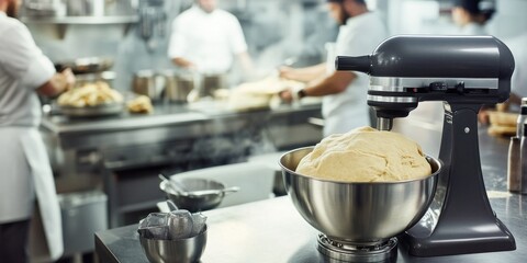 People preparing food in a modern kitchen, mixer in use