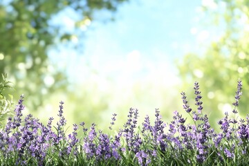 Naklejka premium Lavender flowers, sunny garden, bokeh background, nature scene, spring card