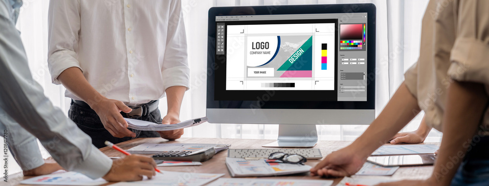 Poster Graphic designer software for modern design of web page and commercial brisk ads showing on the computer screen