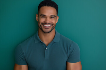 A man with a green shirt is smiling