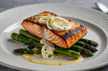 Grilled Salmon Served with Lemon, Asparagus, and Creamy Sauce on a White Plate