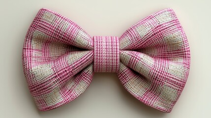 Pink and beige checkered fabric bow tie.