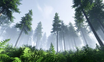 Naklejka premium Misty forest, tall trees, low angle, nature background, scenic wallpaper