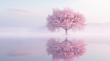 薄霧に浮かぶ桜とウユニ塩湖の幻想的風景