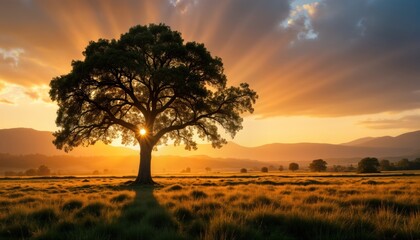 Obraz premium Big oak tree stands in golden sunlight. Autumnal rural scene. Sunlight rays shine through tree canopy. Calm, peaceful. Nature background. Majestic tree silhouette against warm sky. Healthy flora in