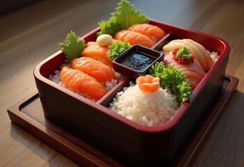 Exquisite Sushi Bento Box Filled With Fresh Ingredients and Colorful Garnishes