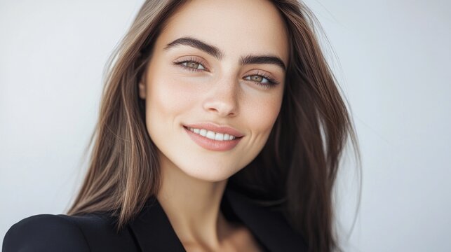 A woman with long brown hair wearing a black jacket, great for portraits and fashion shots