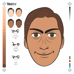 Rosto de homem com muitos tons de pele e com 03 faces com express&otilde;es diferentes