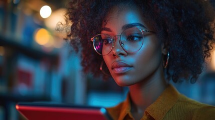 A person examining information on a portable device