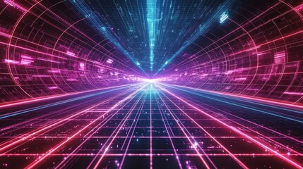 Digital highway data stream tunnel, glowing neon, futuristic background, tech concept