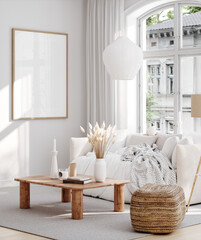 Mockup frame in interior background, white neutral room, Scandi-Boho style, 3d render  © artjafara