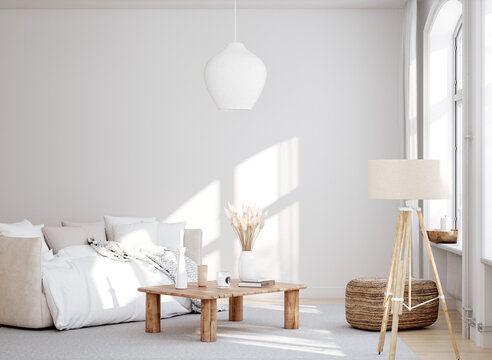 Fototapeta Mockup frame in interior background, white neutral room, Scandi-Boho style, 3d render 